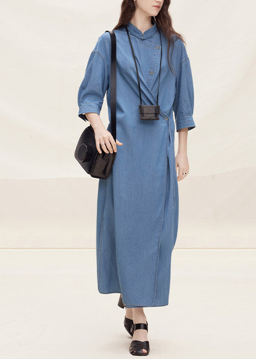 Robe jean boutonnée col montant bleu style asiatique automne - EasyApparels