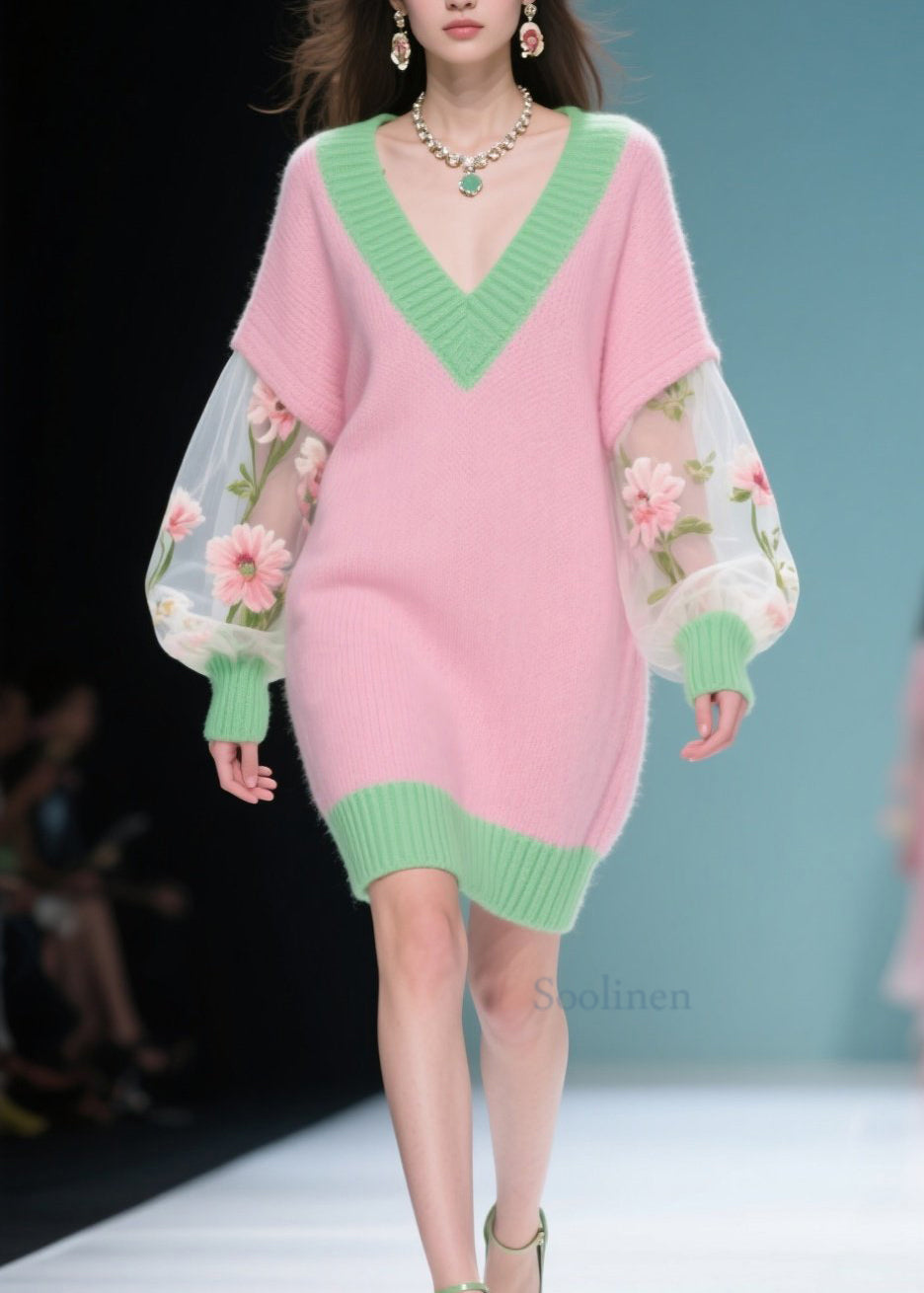 Robe patchwork en tulle col V couleur automne - EasyApparels