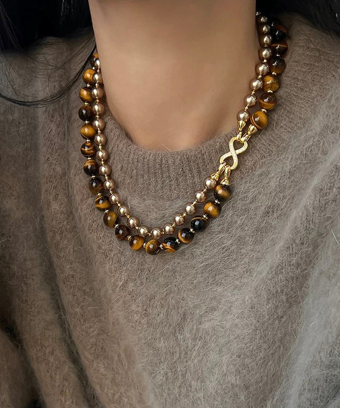 Double Layer Copper Pearl Tiger Eye Necklace - EasyApparels
