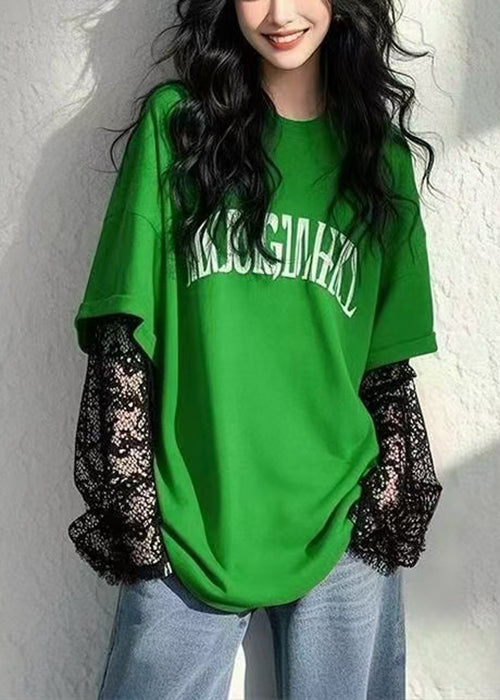 T-shirts décontractés brodés à lettres vertes pour femme - EasyApparels