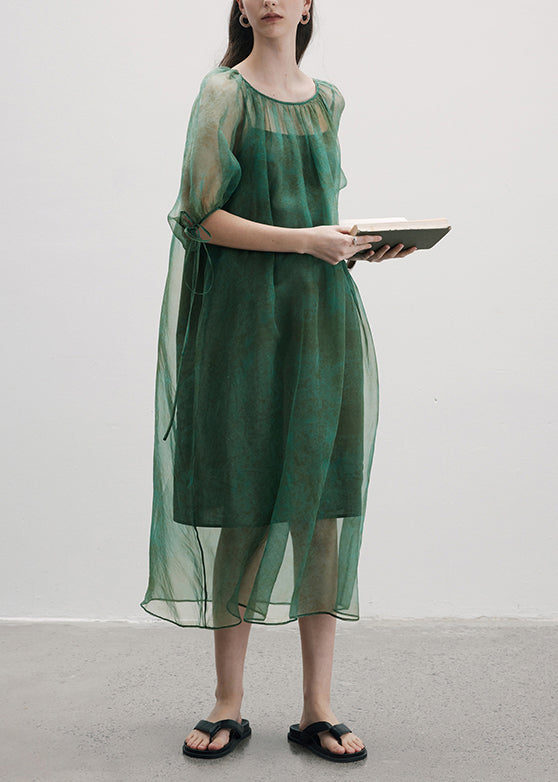 Robe d'été en soie verte légère avec lacets et col rond - EasyApparels