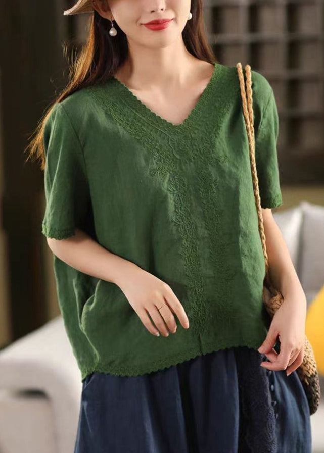 T-shirts décontractés en lin vert avec col en V - EasyApparels