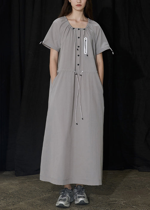 Robe longue grise élégante pour femme avec poches et cordon - EasyApparels