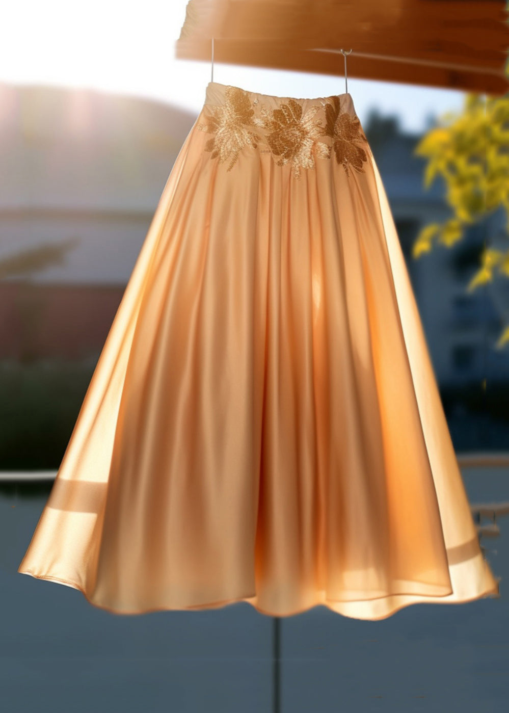 Elegant Silk Maxi Skirt Orange Embroidered Spring - EasyApparels
