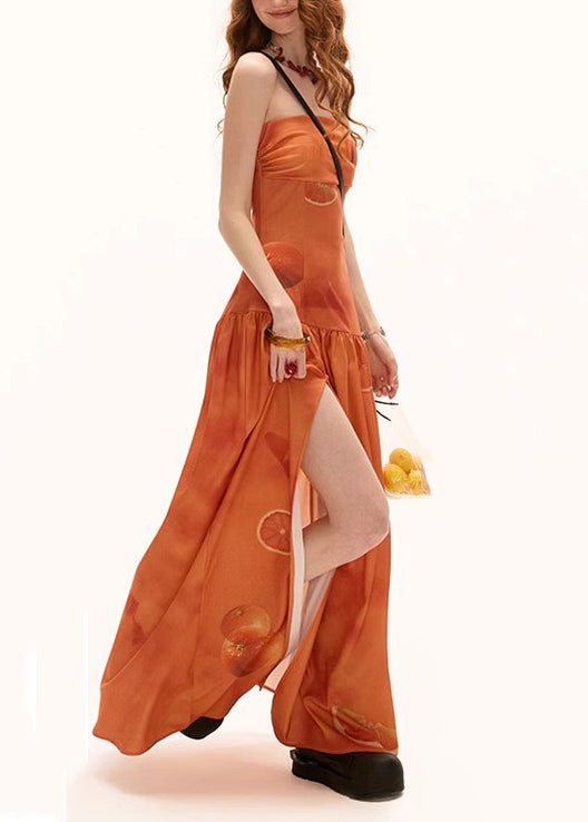 Robe longue coton orange imprimé fluide sans manches - EasyApparels