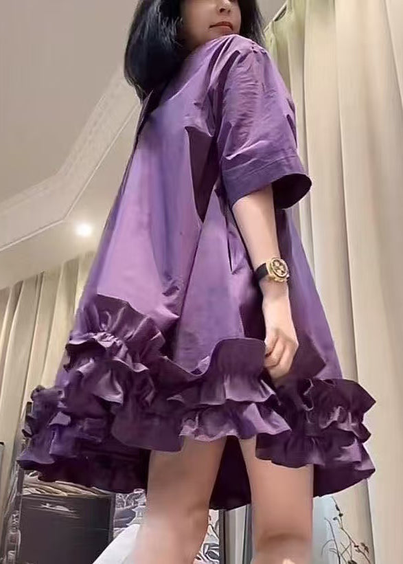 Robes midi violettes en coton estivales à volants - EasyApparels