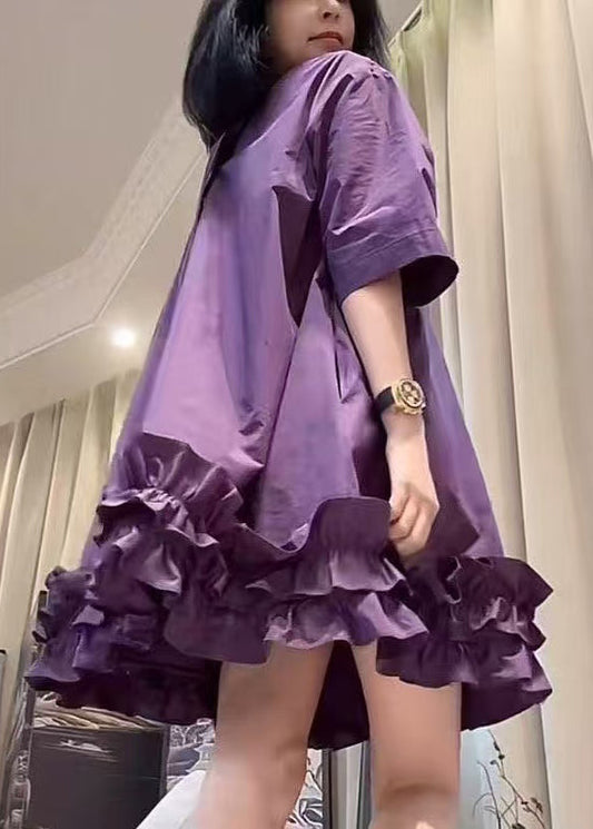 Robes midi violettes en coton estivales à volants - EasyApparels