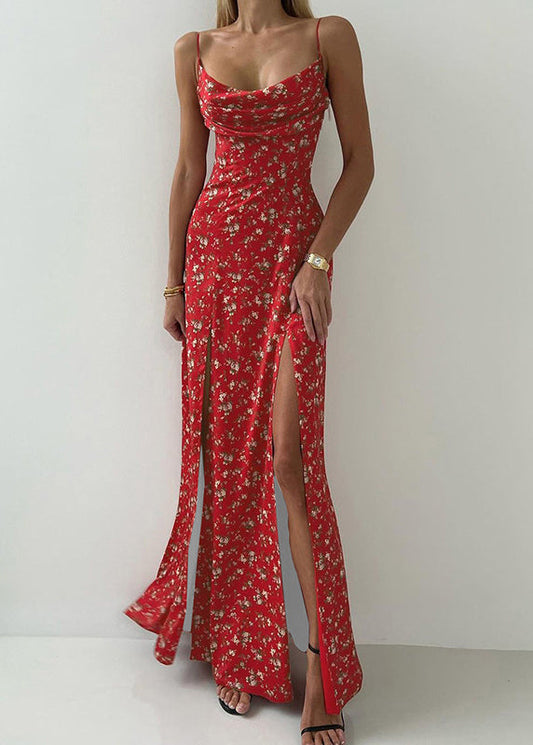 Robe rouge décolletée en coton spaghetti sans manches - EasyApparels