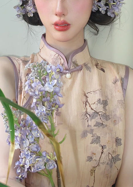 Robes cheongsam vintage coton imprimé marron sans manches - EasyApparels