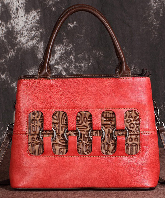 Vieux sac à main en cuir rouge brodé patchwork - EasyApparels