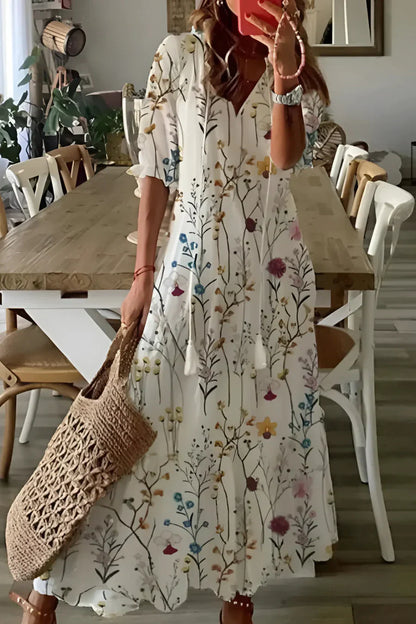 Robe Été Florale Manches Courtes Décolleté Plunging
