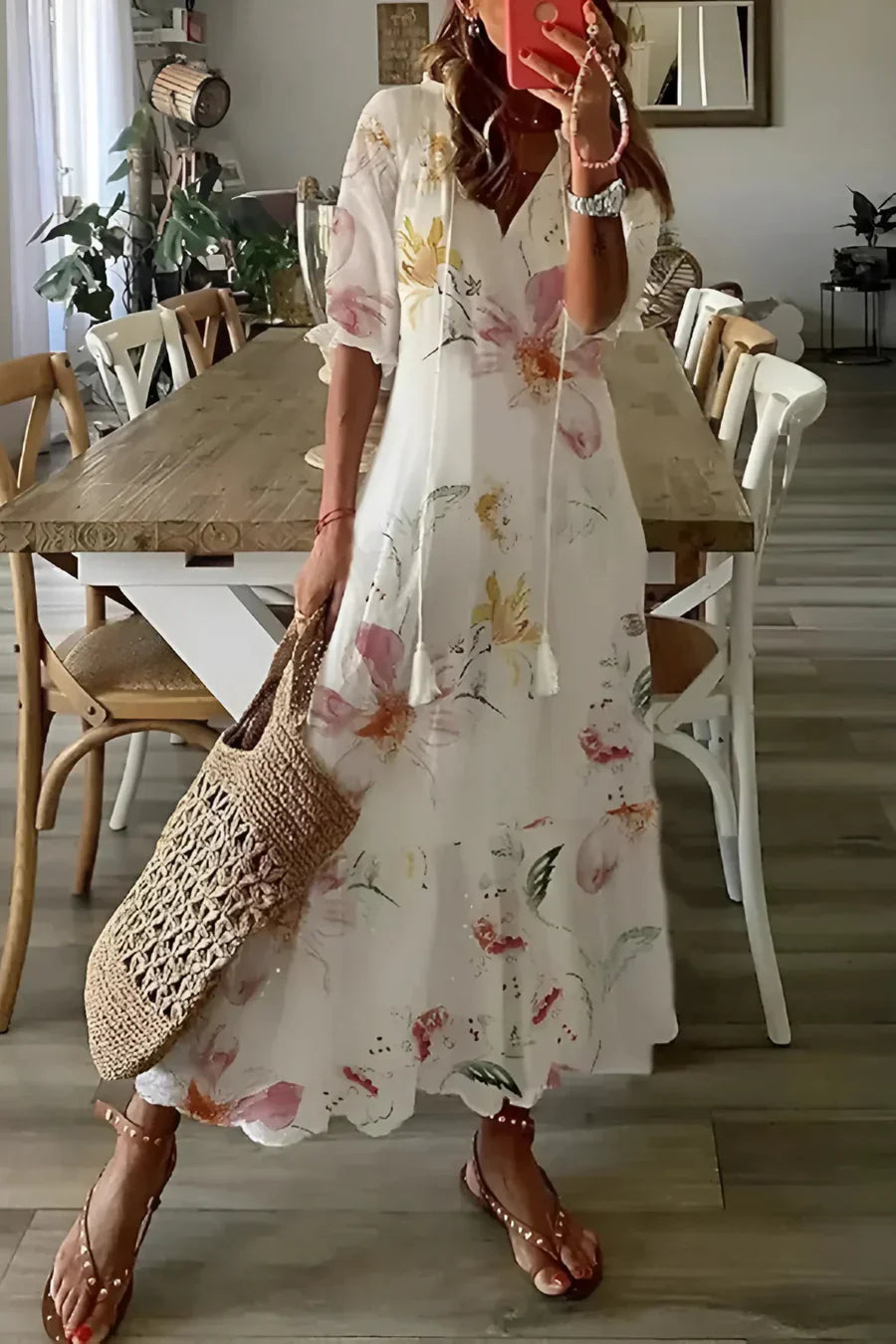Robe Été Florale Manches Courtes Décolleté Plunging