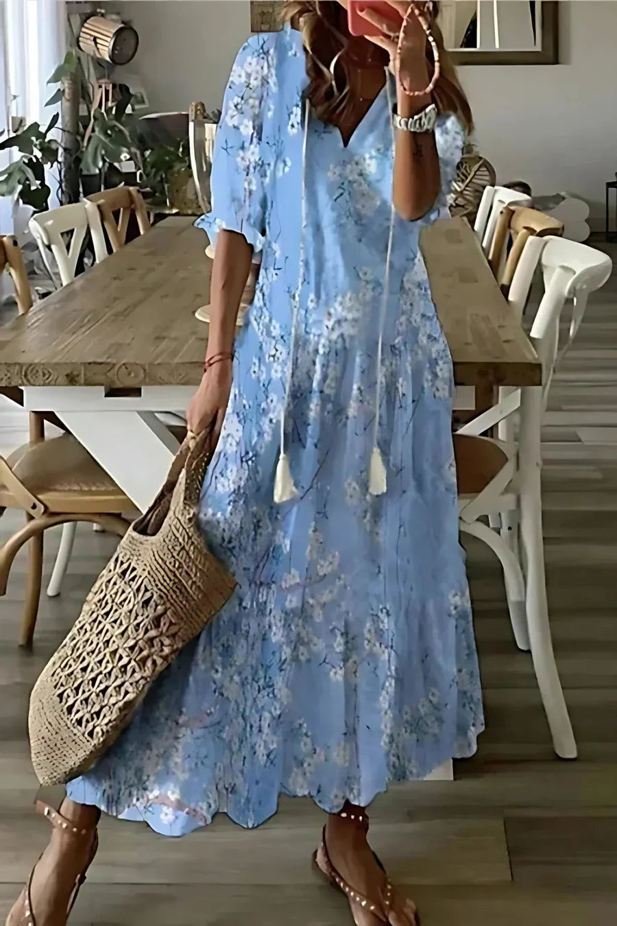 Robe Été Florale Manches Courtes Décolleté Plunging - PanierRoyale