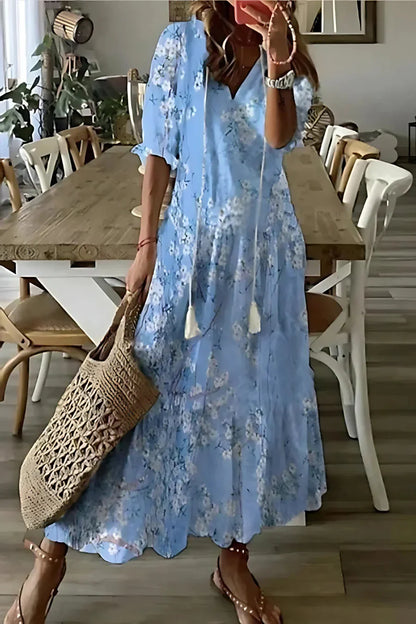 Robe Été Florale Manches Courtes Décolleté Plunging - PanierRoyale