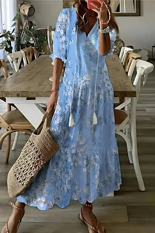 Robe Été Florale Manches Courtes Décolleté Plunging - PanierRoyale