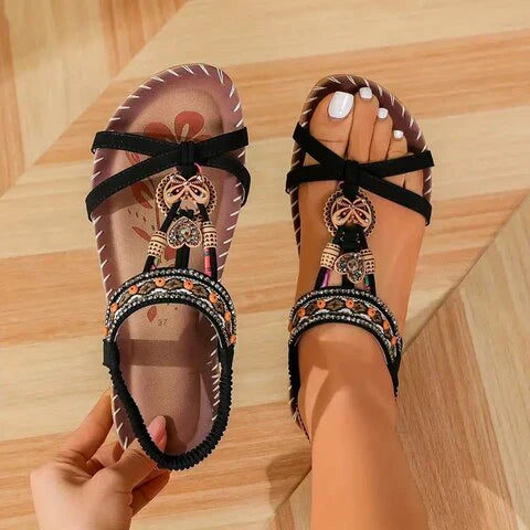 Sandales Femmes à Semelle Plate avec Décoration Ethnic