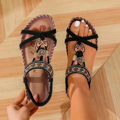 Sandales Femmes à Semelle Plate avec Décoration Ethnic