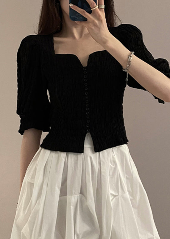 Stylish Black V Neck Short Sleeve Blouses - EasyApparels