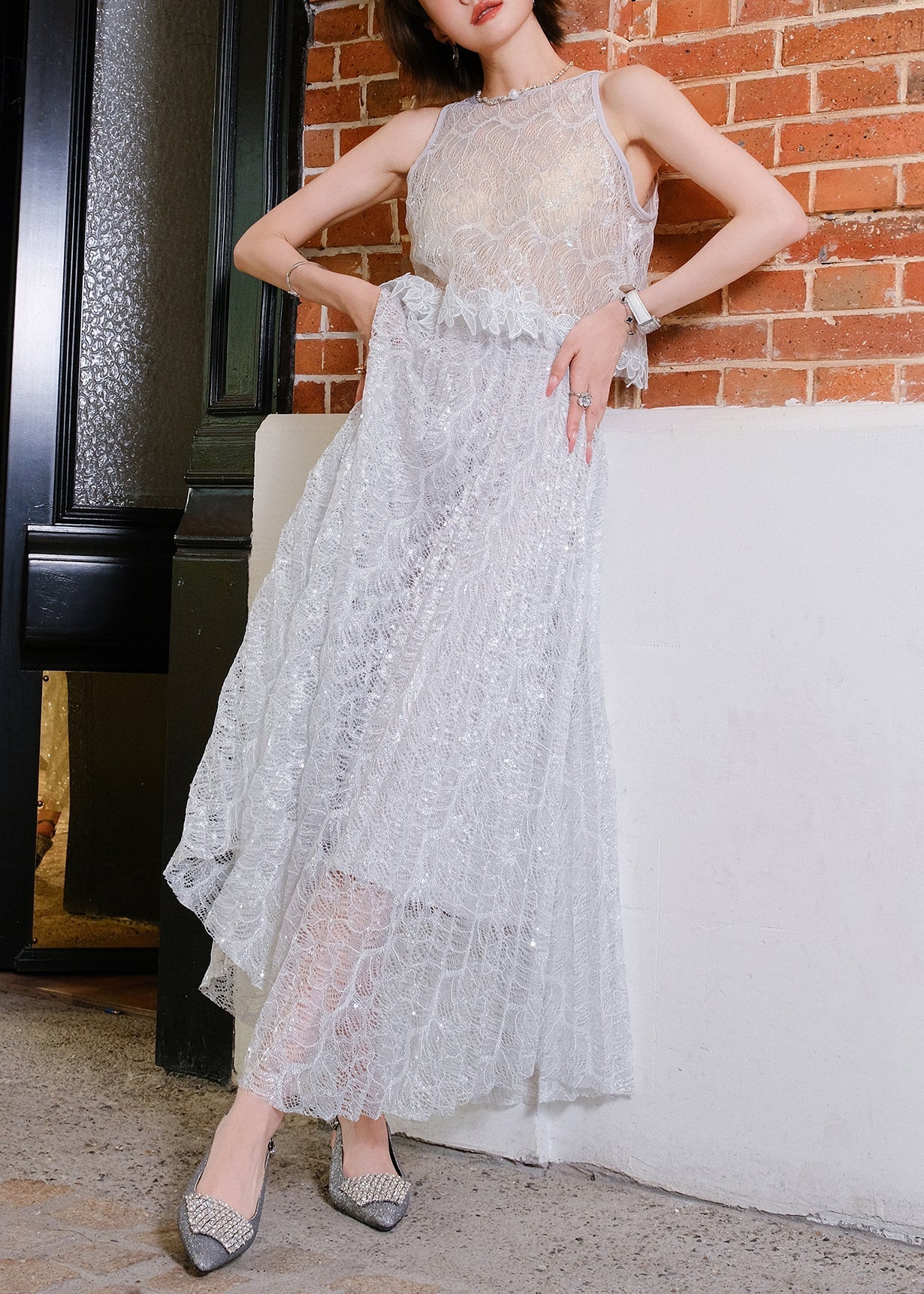 Joli ensemble deux pièces en dentelle pailletée gris foncé - EasyApparels