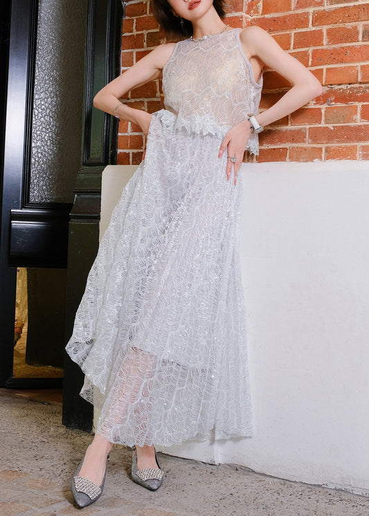 Joli ensemble deux pièces en dentelle pailletée gris foncé - EasyApparels
