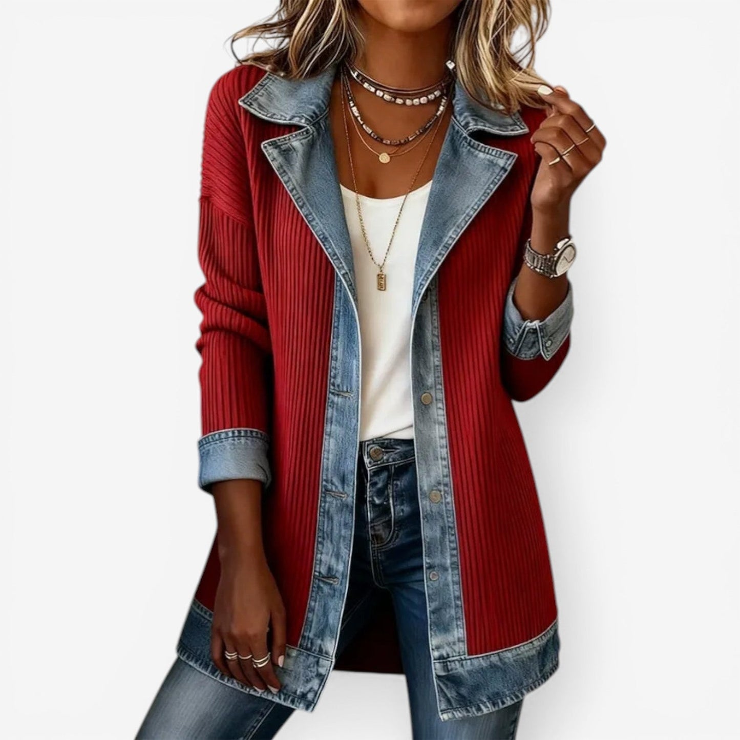 Veste Femme Maille et Denim Effet Superposé Coupe Moderne