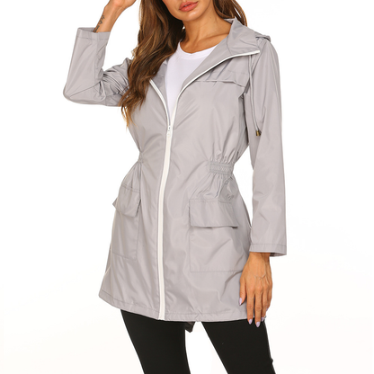 Veste imperméable femme longue avec capuche et manches ajustables