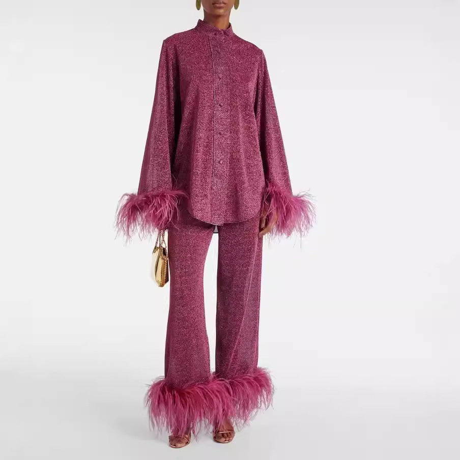 Robe Femme Chic au Col En Plumes avec Manches Bouffantes
