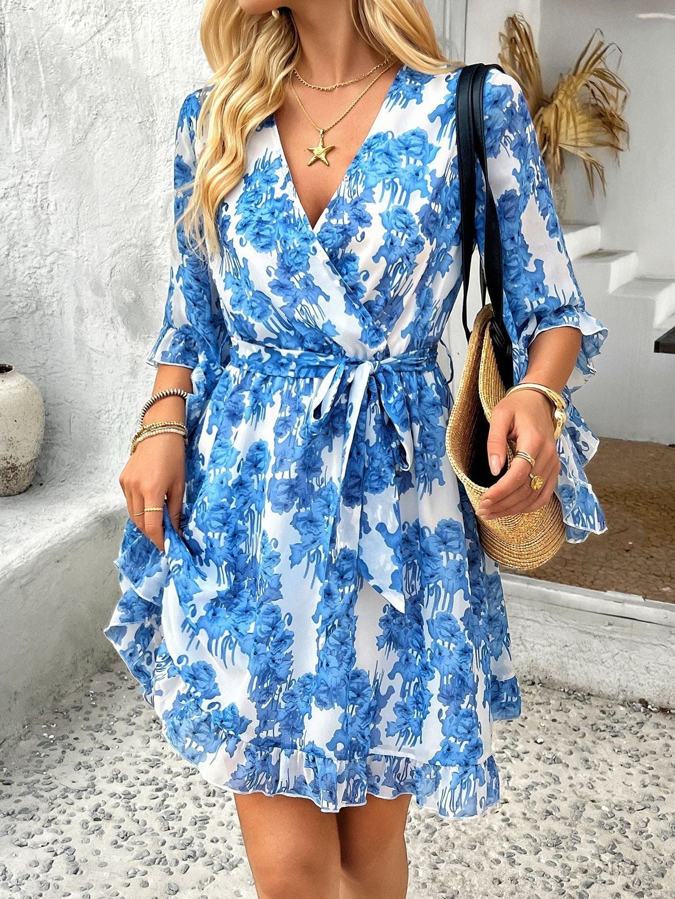 Robe Été Femmes en Dentelle avec Fleurs et Ceinture Élastique