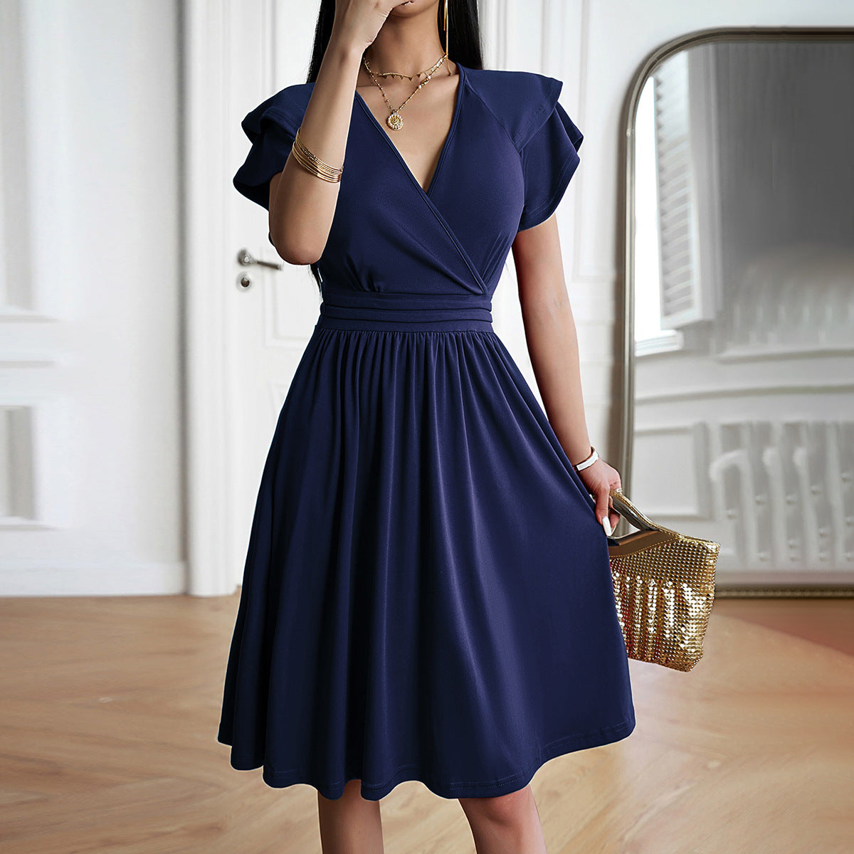 Robe Femme Élégante Mi-Longue Col en V Polyvalente