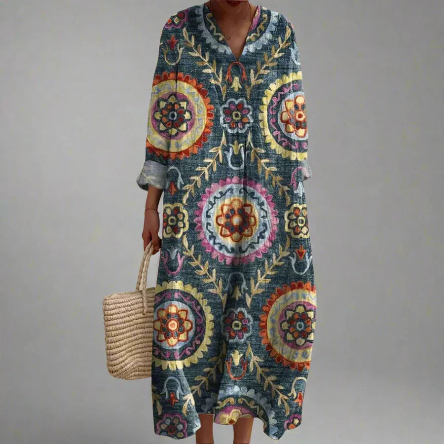 Robe longue Femme Fluide Col en V Manches longues Décontractée