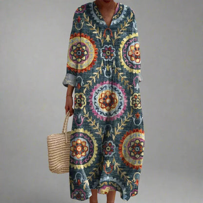 Robe longue Femme Fluide Col en V Manches longues Décontractée