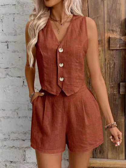 Combinaison Lin Femme Sans Manches avec Short Haut de Taille