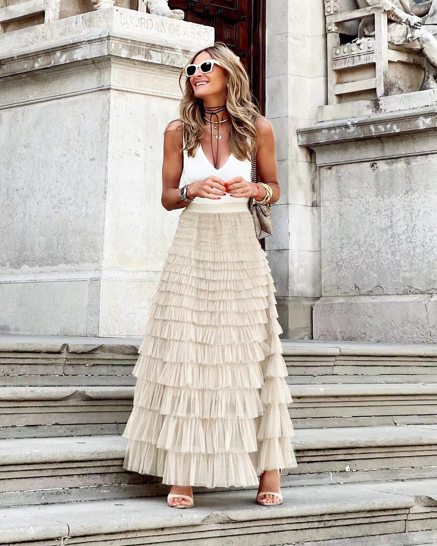 Jupe Longue Plissée en Coton pour Femme