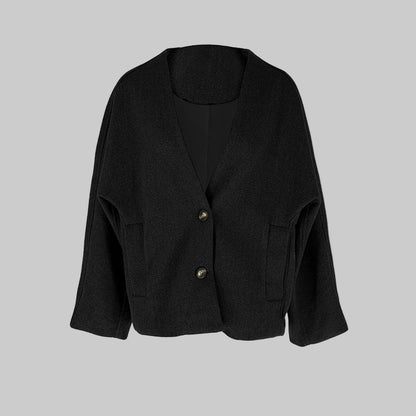 Manteau Femme Chic Col en V Boutons Noir