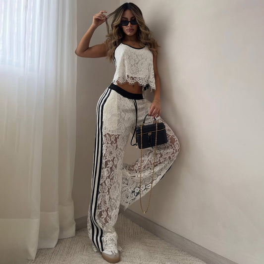 Ensemble Dentelle Élégant Court avec Pantalon Haut Tailleur - PanierRoyale