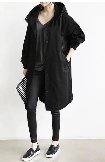 Veste Imperméable Longue Capuche Femme avec Fermeture Éclair