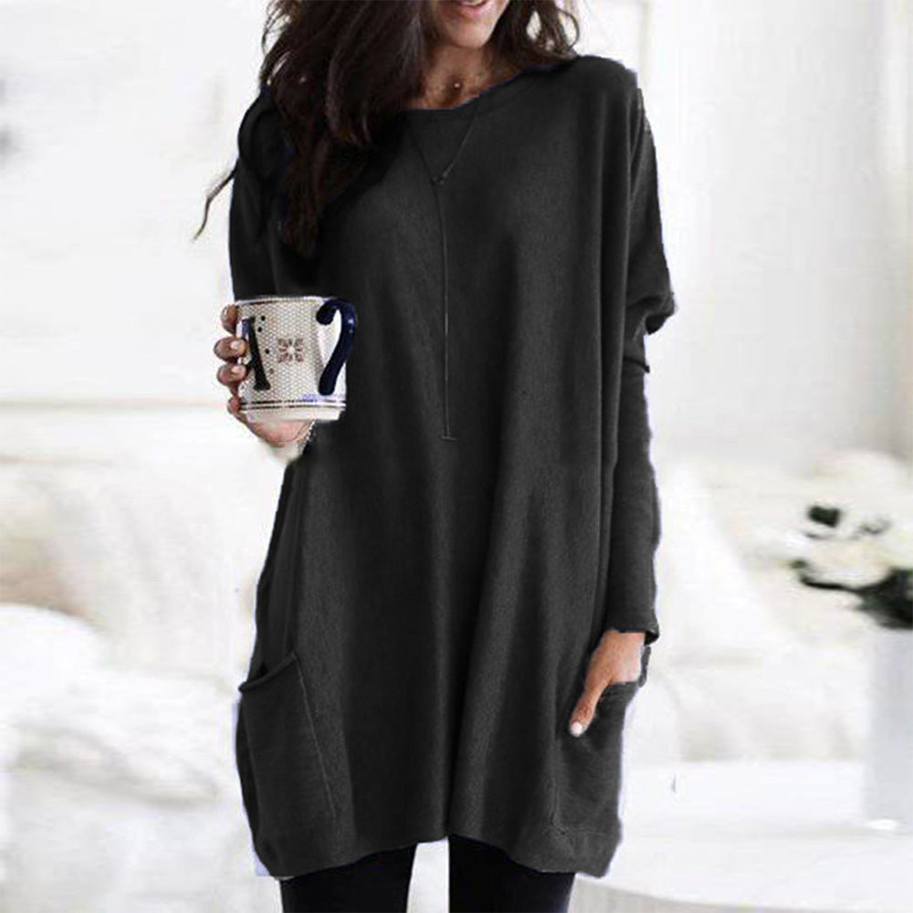 Robe Féminine Noire Manches Longues avec Poches Élégante - PanierRoyale