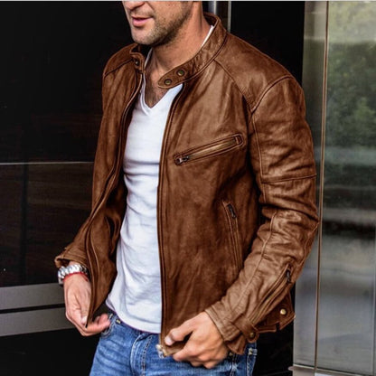 Blouson Cuir Brun Homme Zippé Éclair Classic