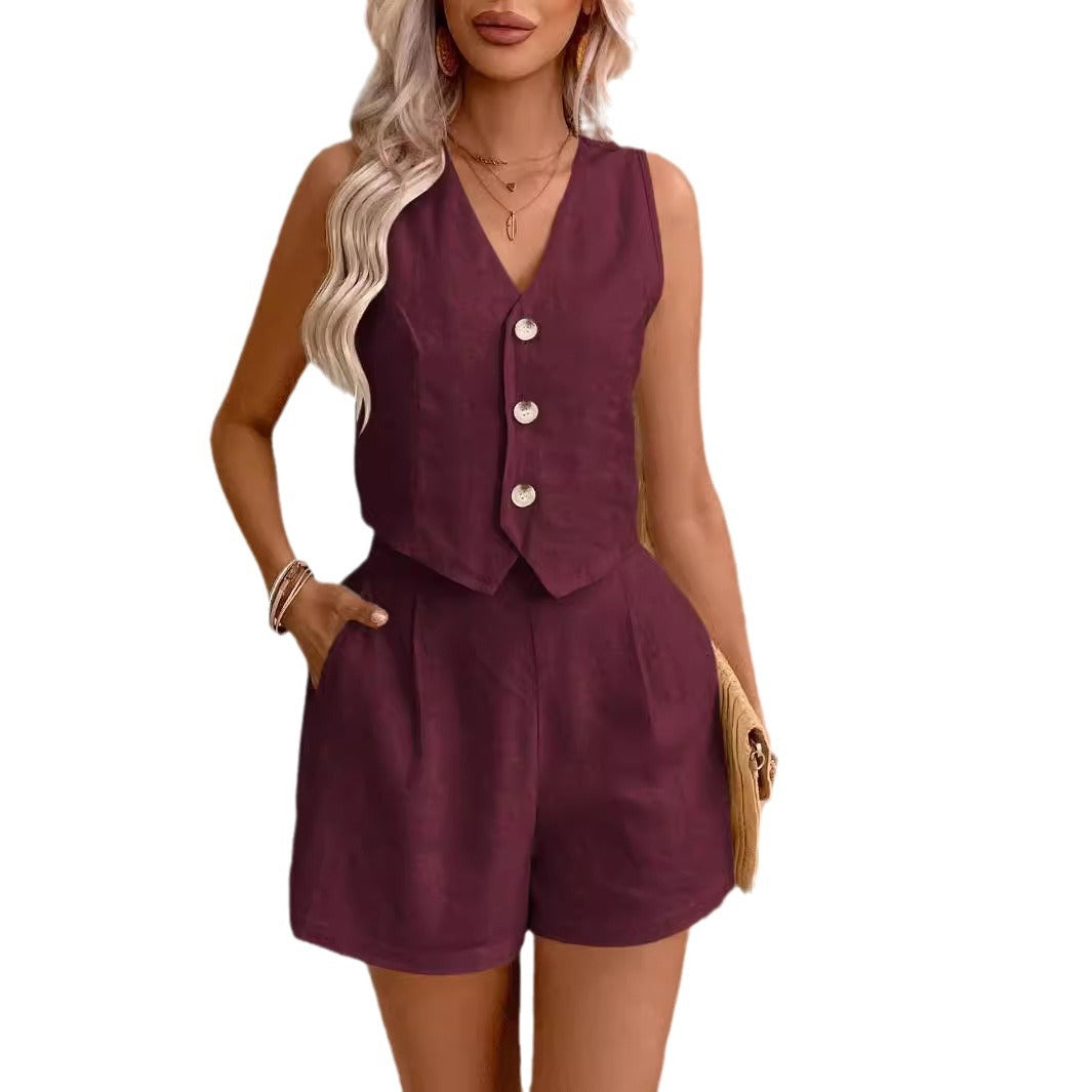 Combinaison Lin Femme Sans Manches avec Short Haut de Taille