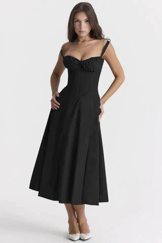 Robe Noire Corsage avec Bretelles et Coupe A-Ligne