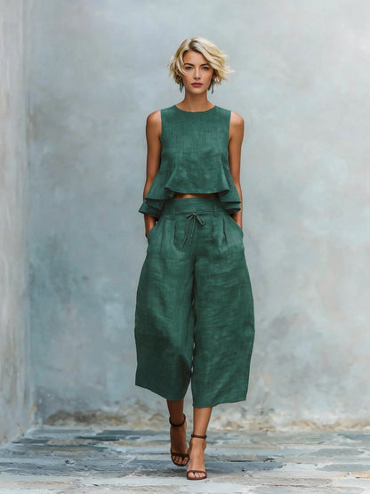 Ensemble Femme Haut Volanté et Pantalon Large Coupe Ample
