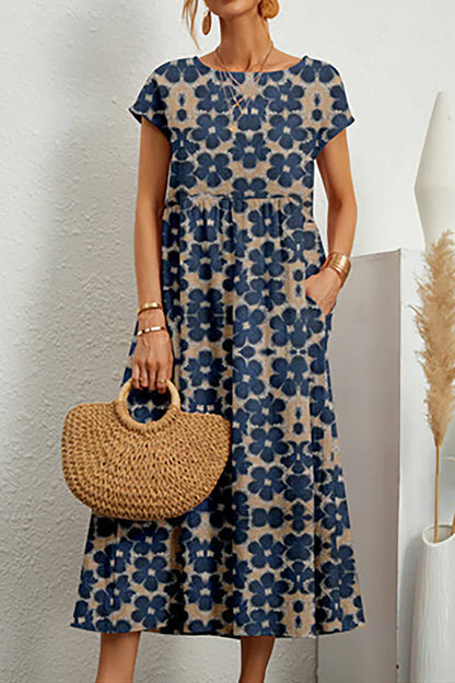 Robe Été Femme Décolletée – Robe Légère à Col Rond avec Imprimé Floral