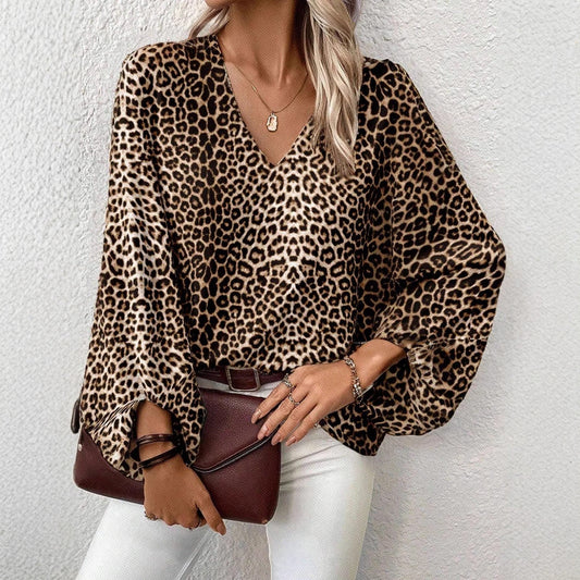 Blouse Léopard Chic Manches Longues Col en V Féminin - PanierRoyale