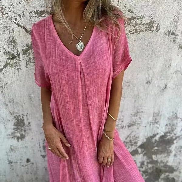 Robe été Femme Coton Lin Ample Col en V