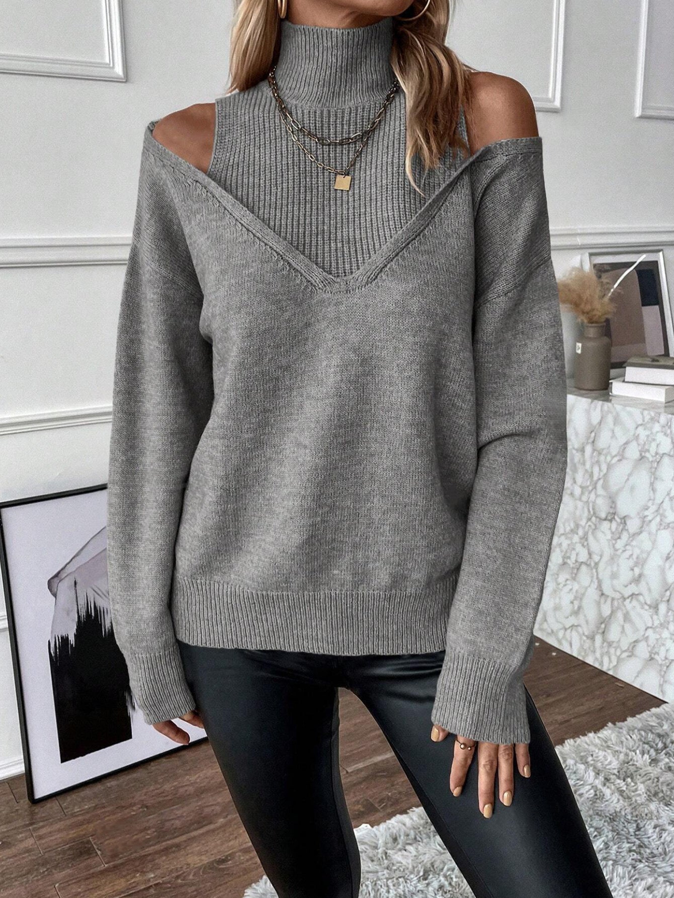 Pull Off-Shoulder Col Roulé Femme Tricot Doux