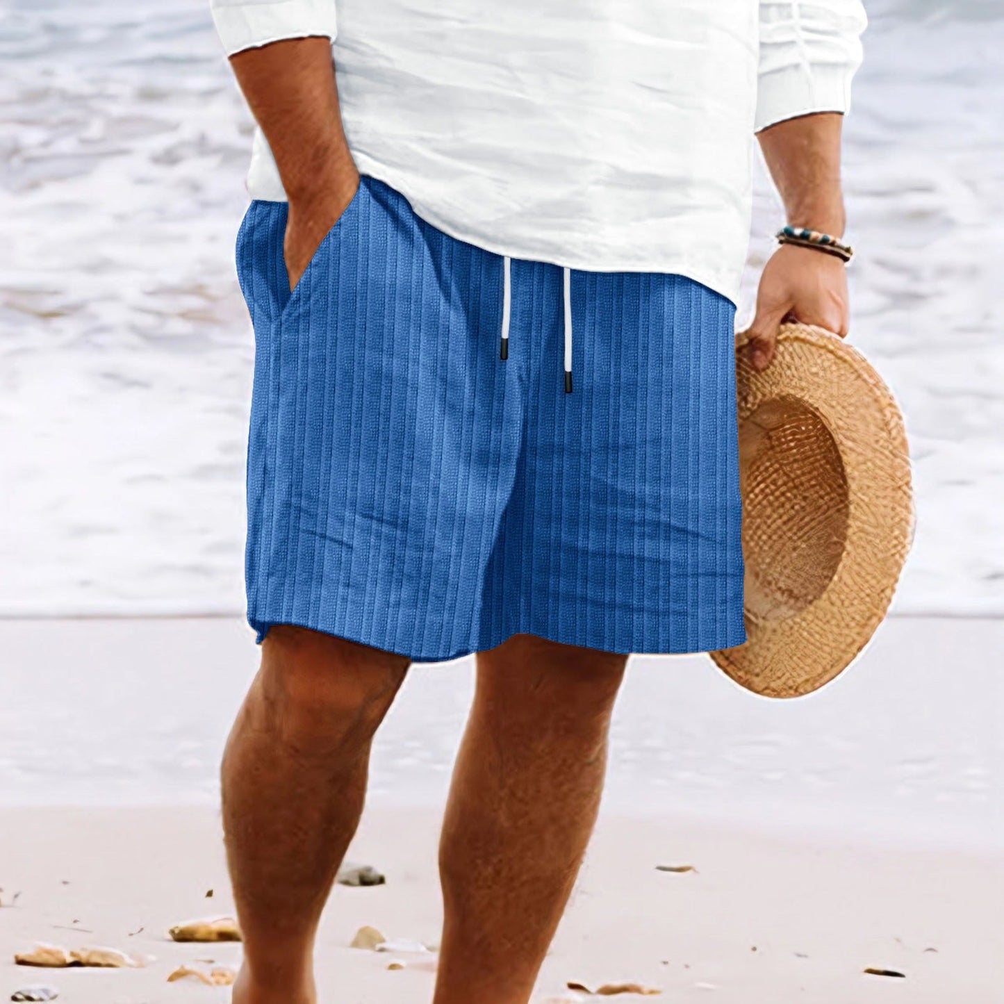 Short de Bain Homme Blanc Rayé Élastique Sport