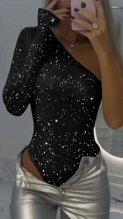 Robe de Soirée Argentée Pailletée Manches Longues