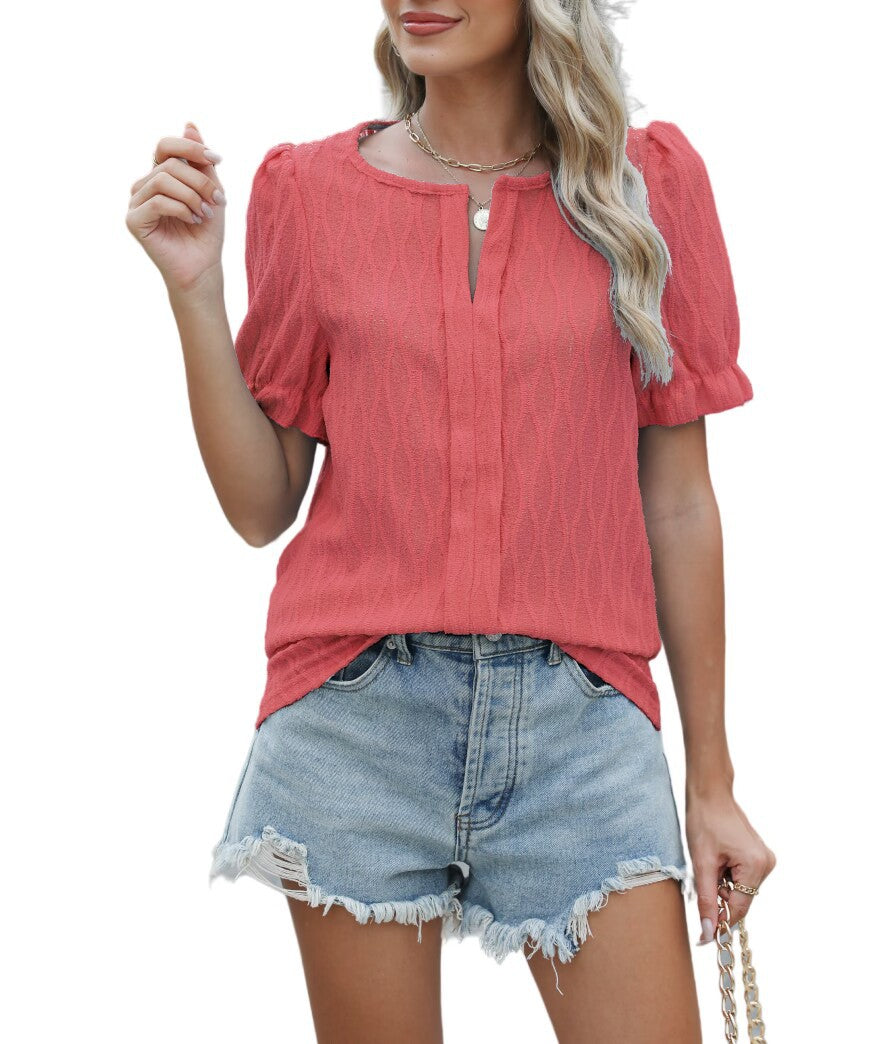 Blouse Femme Rose à Manches Courtes Décor Brodé