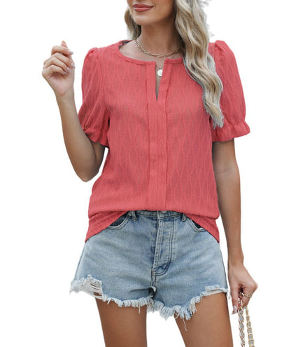 Blouse Femme Rose à Manches Courtes Décor Brodé