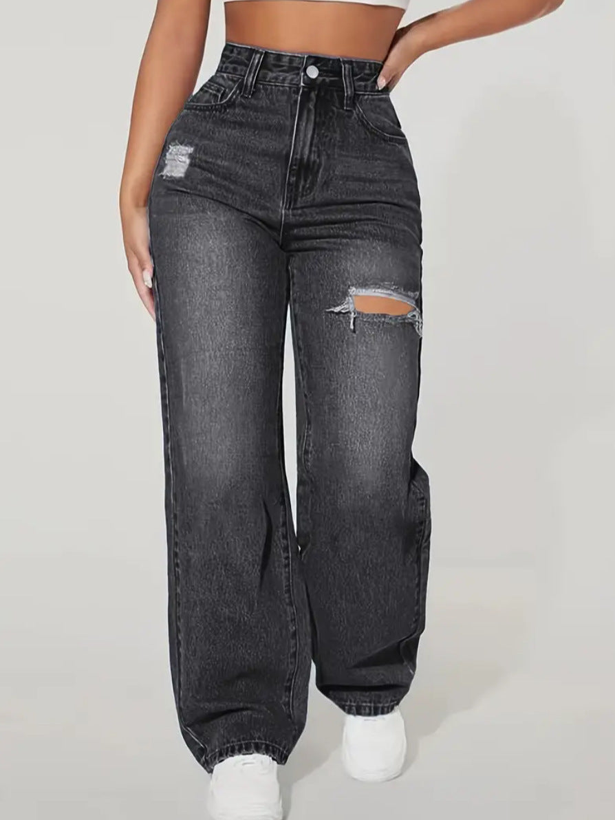 Jeans haute taille déchirés jambe droite style décontracté